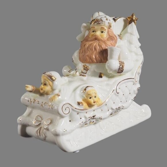 Vintage Musical Baum Brothers Formalite Santa & Children Ceramic Sleigh Decorati